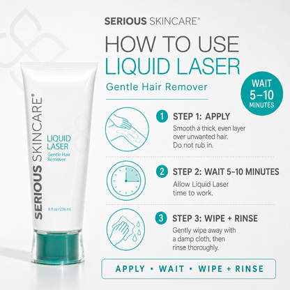 Serious Skincare Liquid Laser Hair Removal Cream, a fast and easy at-home depilatory designed to leave skin feeling silky smooth and beautifully soft.