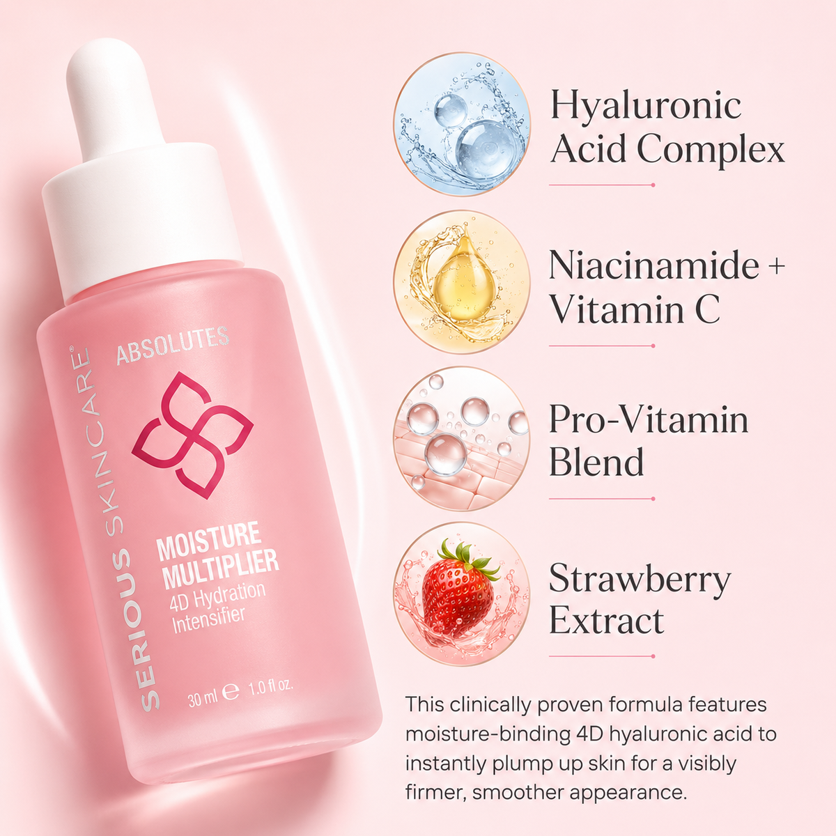 Serious Skincare Absolutes Moisture Multiplier with 4D Hyaluronic Acid instantly hydrates, plumps, and smooths the skin for a radiant, youthful-looking complexion.
