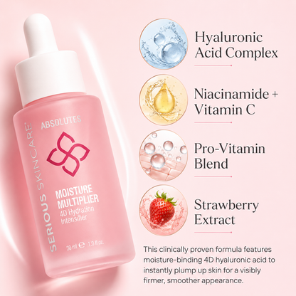 Serious Skincare Absolutes Moisture Multiplier with 4D Hyaluronic Acid instantly hydrates, plumps, and smooths the skin for a radiant, youthful-looking complexion.