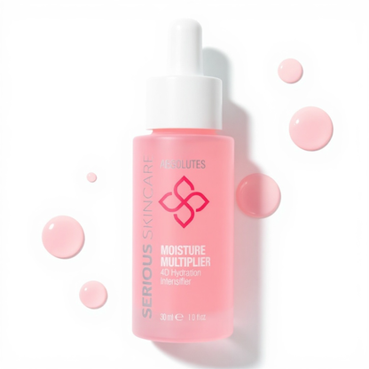 Pink skincare serum bottle with dropper on a white background
