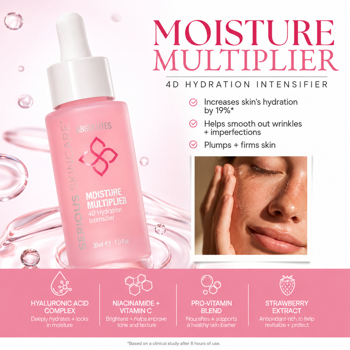 Serious Skincare Absolutes Moisture Multiplier with 4D Hyaluronic Acid instantly hydrates, plumps, and smooths the skin for a radiant, youthful-looking complexion.