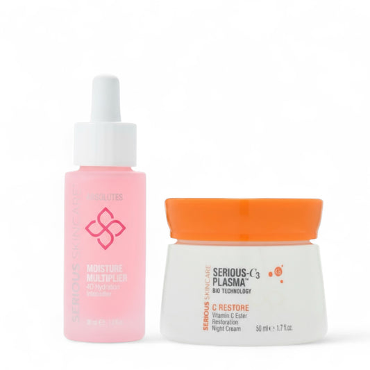 Serious Skincare Moisture Multiplier and C3 Restore Night Cream hydrate, plump, and visibly firm the skin for a smoother, more radiant-looking complexion.