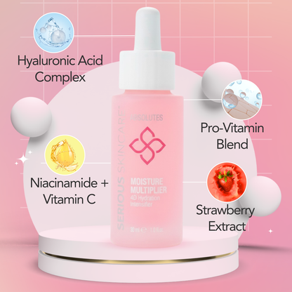 Skincare serum bottle with ingredients highlighted on a pink background