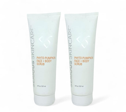 Two tubes of 'Serious Skincare' Phyto Pumpkin Face + Body Scrub on a white background