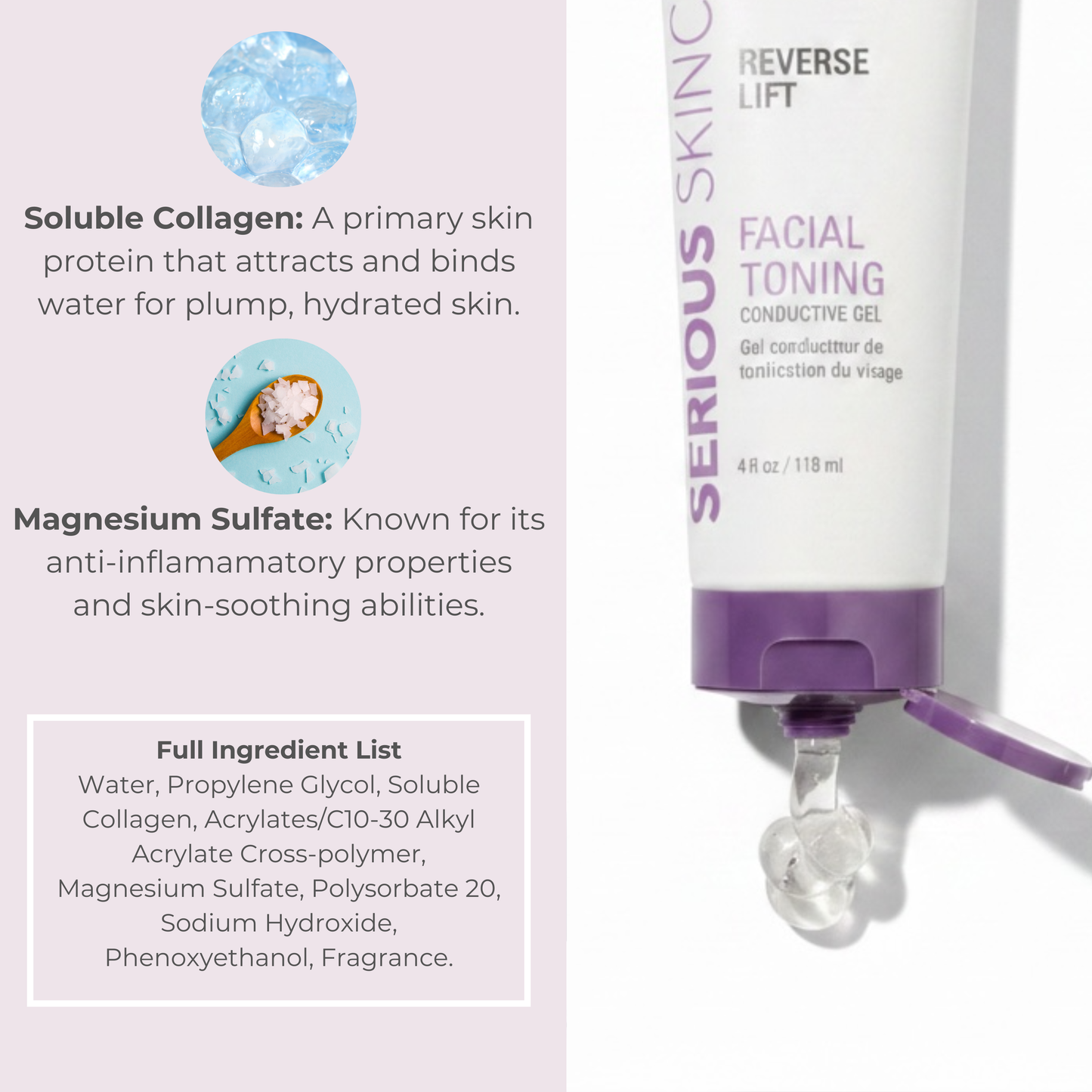 A promotional product graphic for Serious Skincare Reverse Lift Facial Toning Gel. The right side shows the white and purple squeeze tube with gel dripping from the tip.