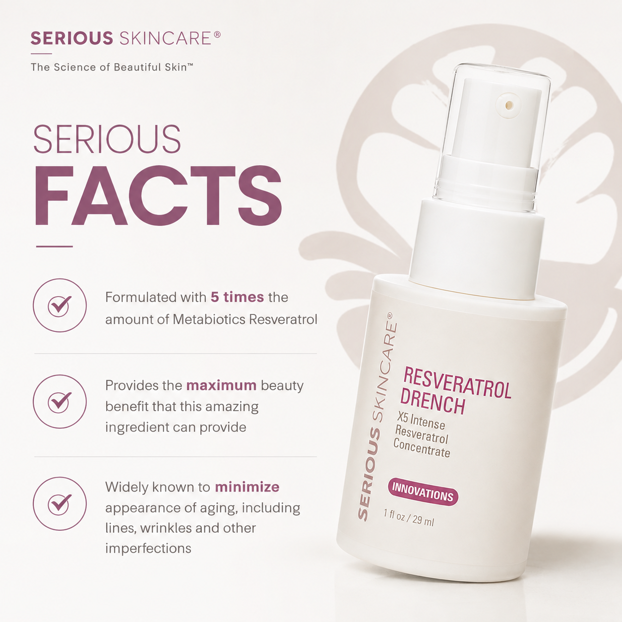 Serious Skincare Resveratrol Drench X5 Concentrate antioxidant anti-aging facial serum with resveratrol to smooth the look of fine lines and wrinkles.