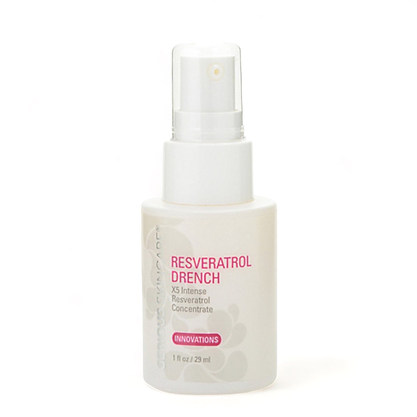 A white bottle with a pump dispenser labeled Resveratrol Drench X5 Concentrate, indicating it is a skin care product.