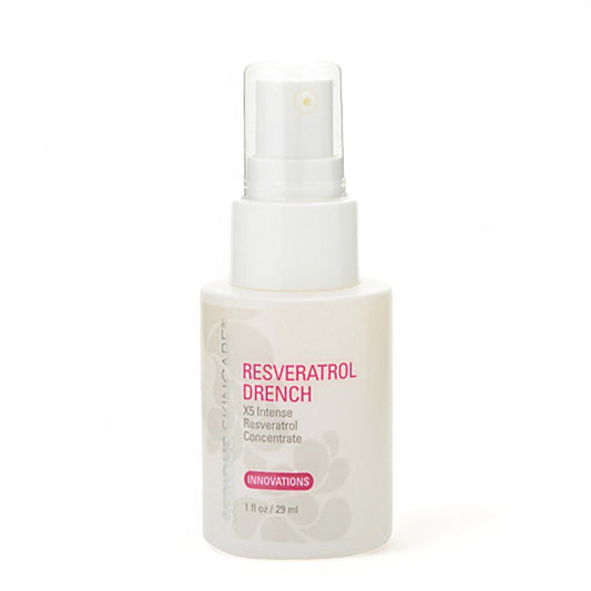 A white bottle with a pump dispenser labeled Resveratrol Drench X5 Concentrate, indicating it is a skin care product.