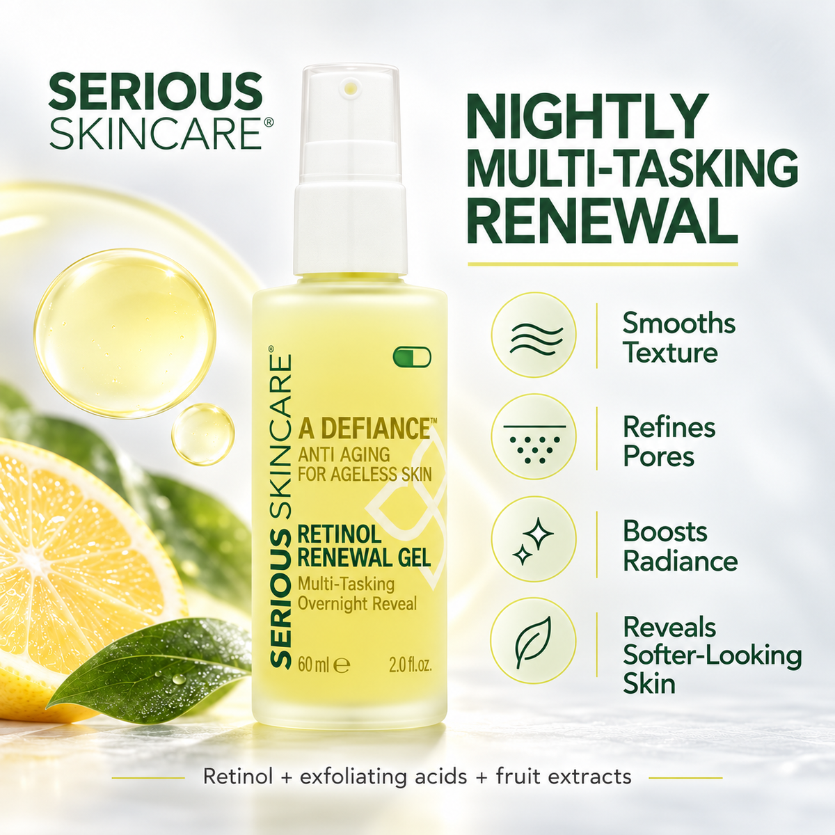 Serious Skincare's Retinol Renewal Gel is a lightweight, retinol-rich gel is specially formulated to complement skin’s natural nighttime renewal process, working while you sleep to help improve the appearance of fine lines, uneven texture, dullness and visible signs of aging.