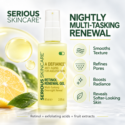 Serious Skincare's Retinol Renewal Gel is a lightweight, retinol-rich gel is specially formulated to complement skin’s natural nighttime renewal process, working while you sleep to help improve the appearance of fine lines, uneven texture, dullness and visible signs of aging.