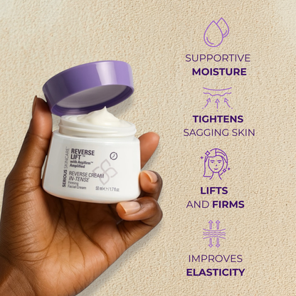 Hand holding a jar of Reverse Cream Intense with text highlighting its benefits on a beige background