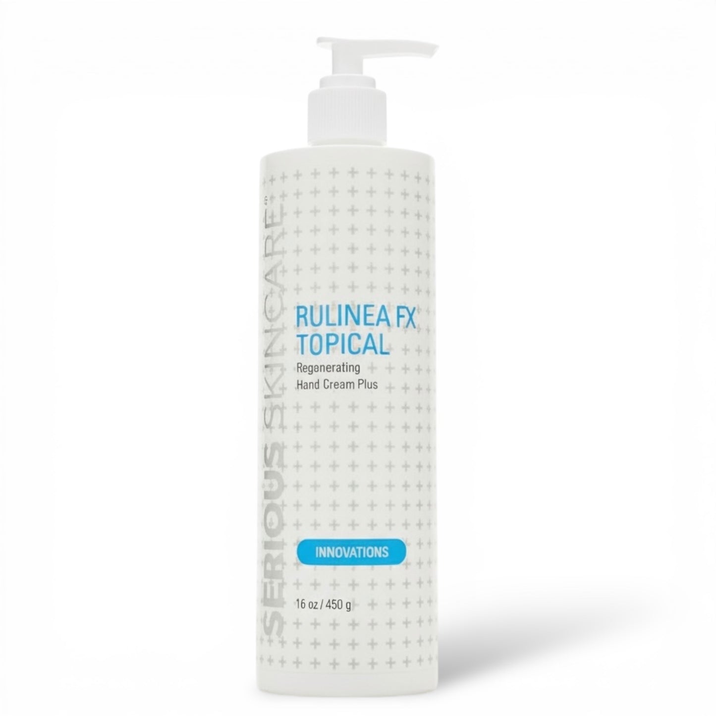 Bottle of Rulinea FX Topical Regenerating Hand Cream Plus on a white background.  16 ounces.  Jumbo Size.  Serious Skincare by Jennifer Flavin-Stallone.  Innovations.