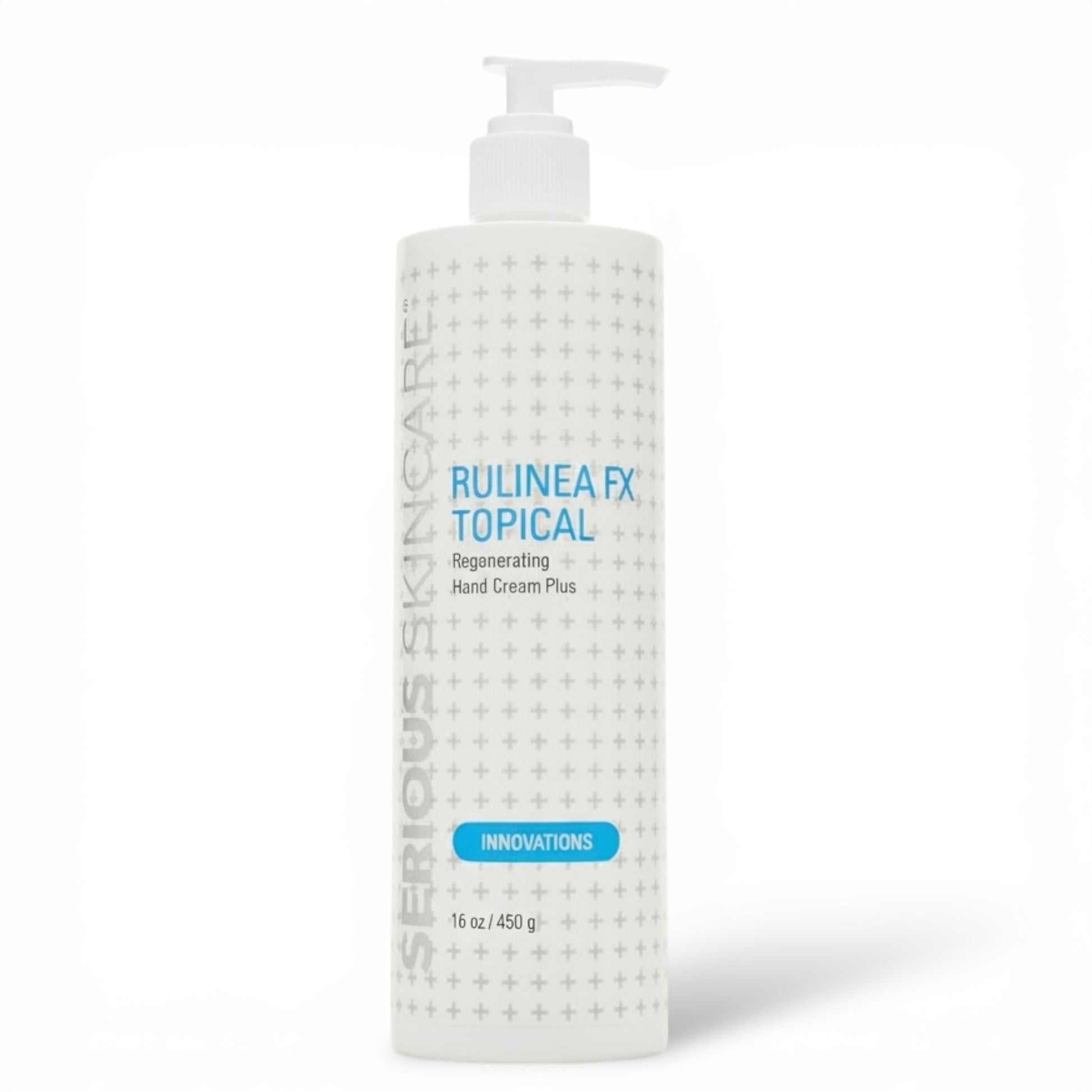Bottle of Rulinea FX Topical Regenerating Hand Cream Plus on a white background.  16 ounces.  Jumbo Size.  Serious Skincare by Jennifer Flavin-Stallone.  Innovations.