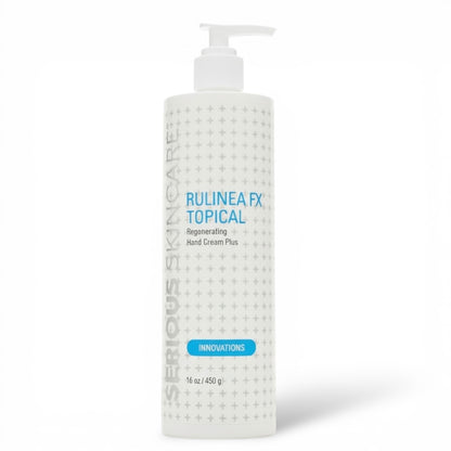 Bottle of Rulinea FX Topical Regenerating Hand Cream Plus on a white background.  16 ounces.  Jumbo Size.  Serious Skincare by Jennifer Flavin-Stallone.  Innovations.