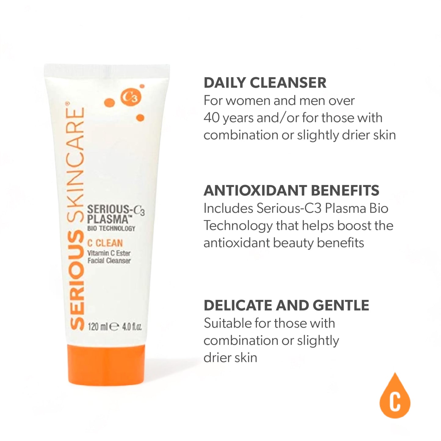 Serious Skincare C Clean Vitamin C facial cleanser gently removes makeup and impurities while leaving skin soft, hydrated, and radiant.