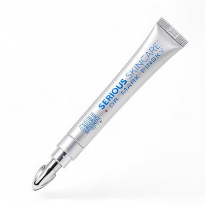 A silver squeeze tube of Serious Skincare Dr. Mark Pinsky Trace  + ERASE + Hyaluronic Acid + Botox filler, shown diagonally on a clean white background. Serious Skincare Needle-Free WRINKLE FILLER