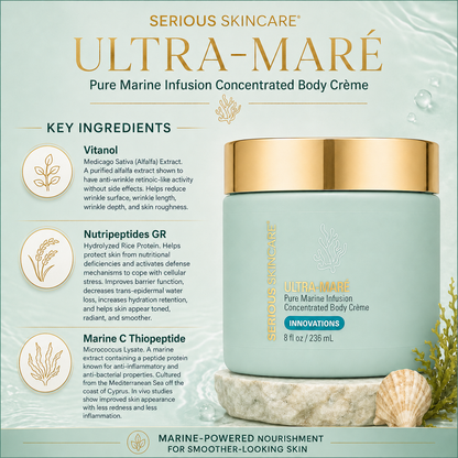 Serious Skincare Ultra Mare Body Crème hydrating anti-aging body moisturizer to soften, smooth and nourish dry, aging-looking skin.