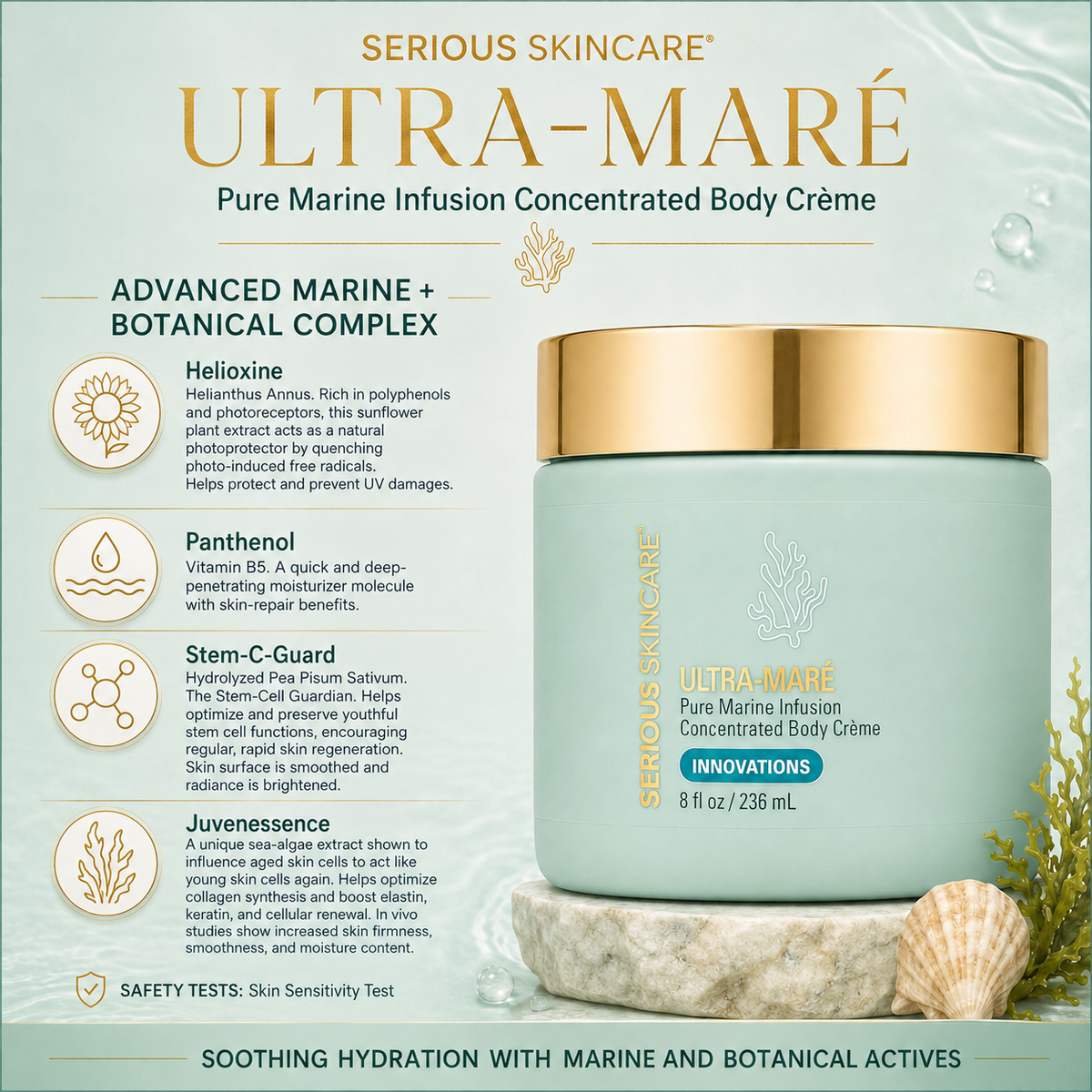 Serious Skincare Ultra Mare Body Crème hydrating anti-aging body moisturizer to soften, smooth and nourish dry, aging-looking skin.