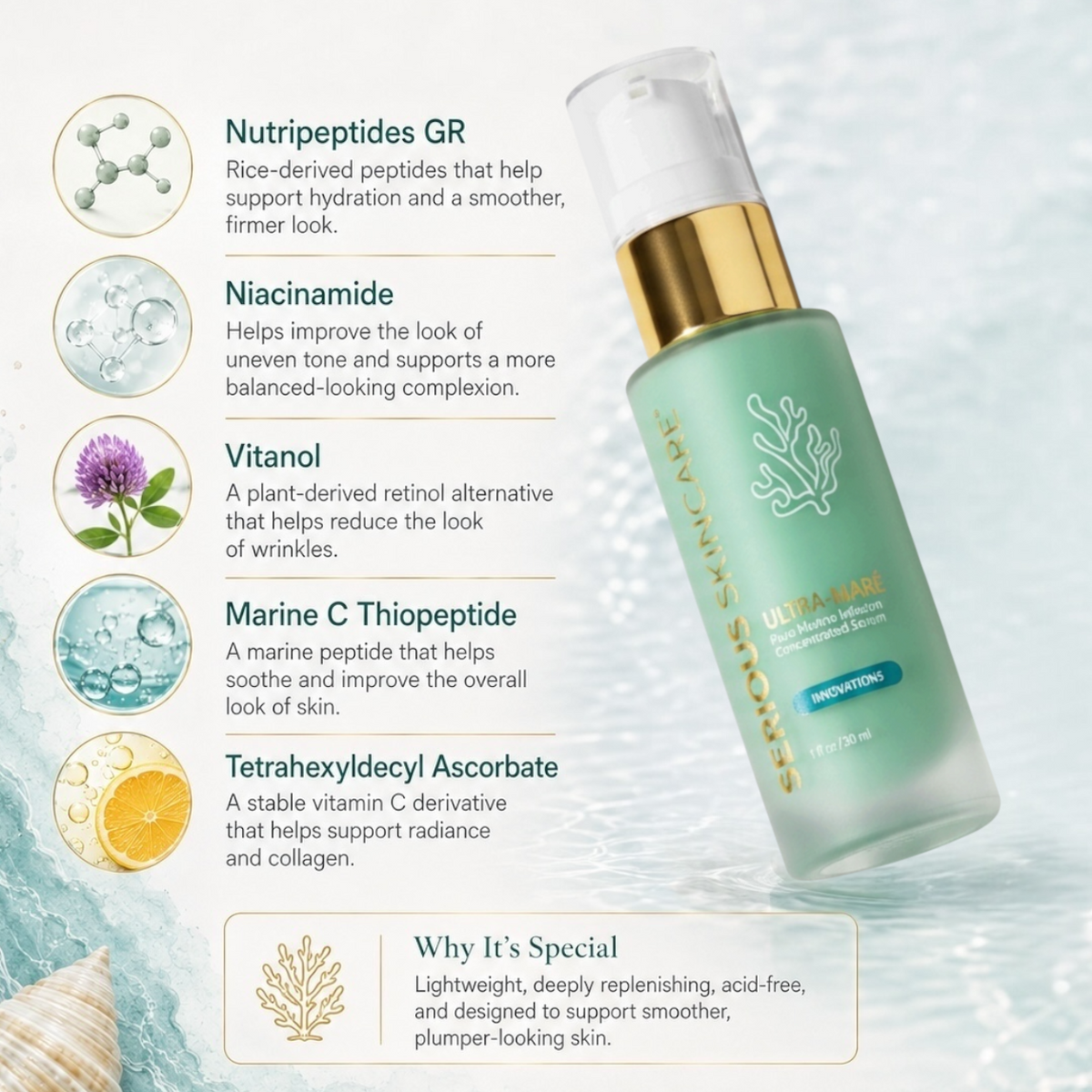 Serious Skincare Ultra Mare Serum hydrating anti-aging facial serum to smooth, nourish and improve the look of fine lines, wrinkles and aging skin.