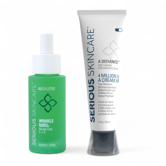 Serious Skincare Wrinkle Rebel Serum and Retinol Cream help visibly reduce wrinkles, improve firmness, and reveal smoother, younger-looking skin.
