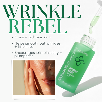 Serious Skincare's Absolutes Serums.  Wrinkle Rebel with Ferulic Acid, Vitamin C and E - benefit callouts.
