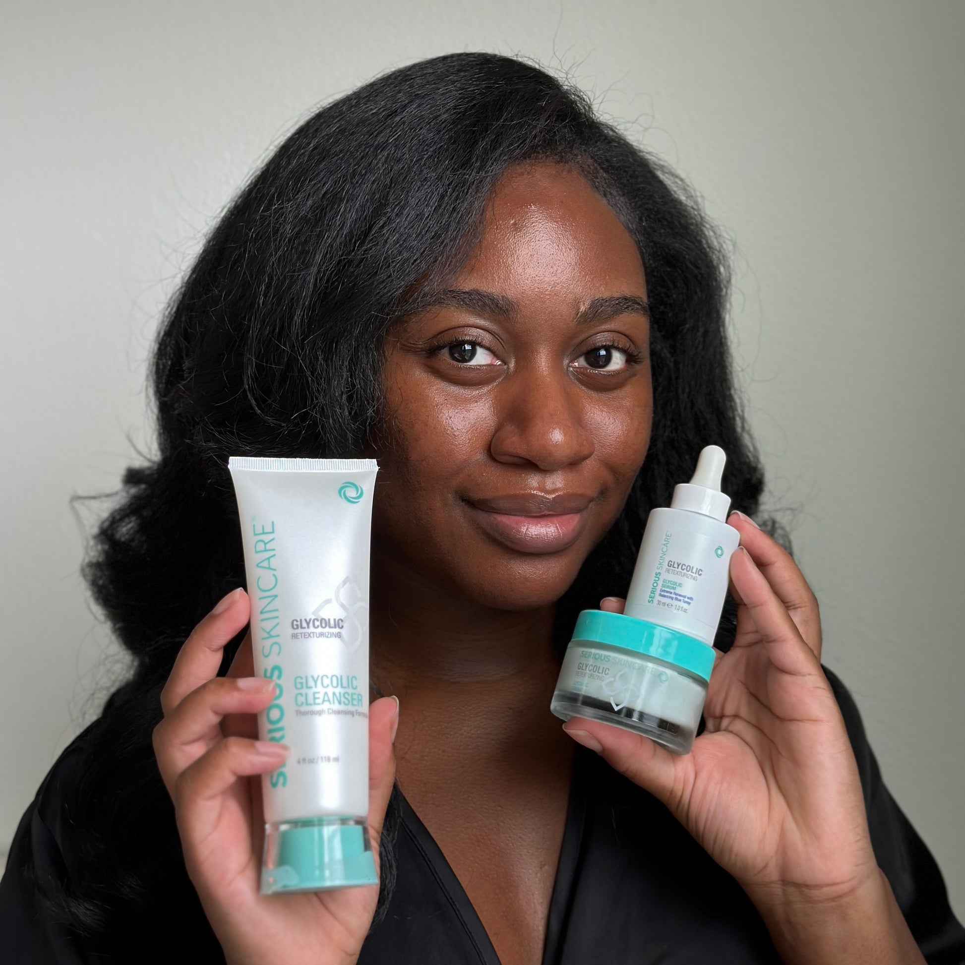 Serious Skincare Glycolic Duo with Glycolic Serum and Glycolic Retexturizing Cream helps smooth skin texture, refine pores, and reveal a brighter, more radiant-looking complexion.